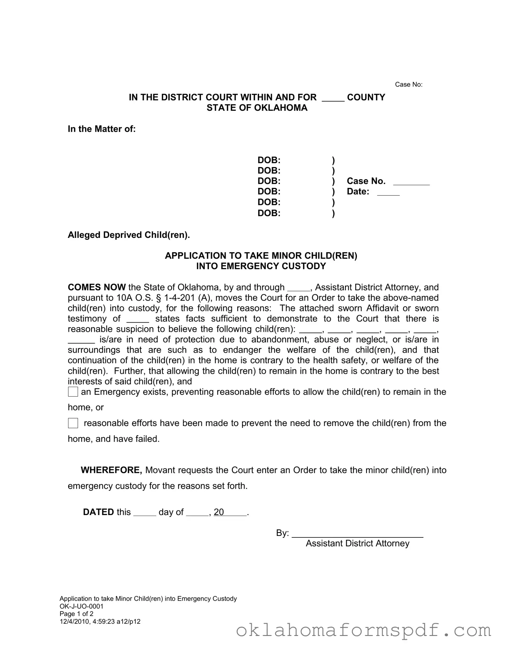 Fill Out a Valid Emergency Custody Oklahoma Form