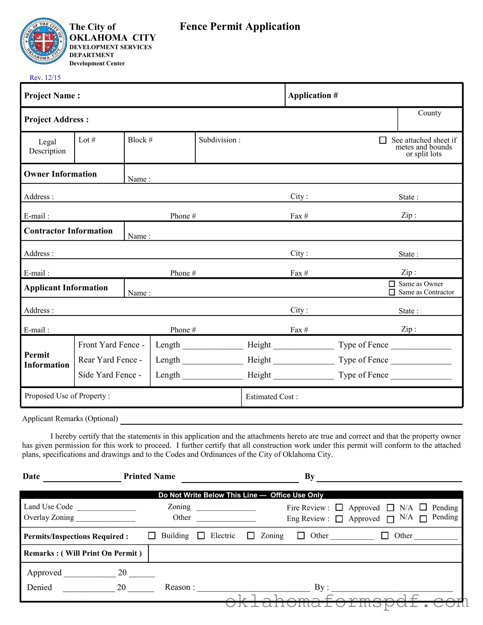 Fill Out a Valid Fence Permit Application Oklahoma Form