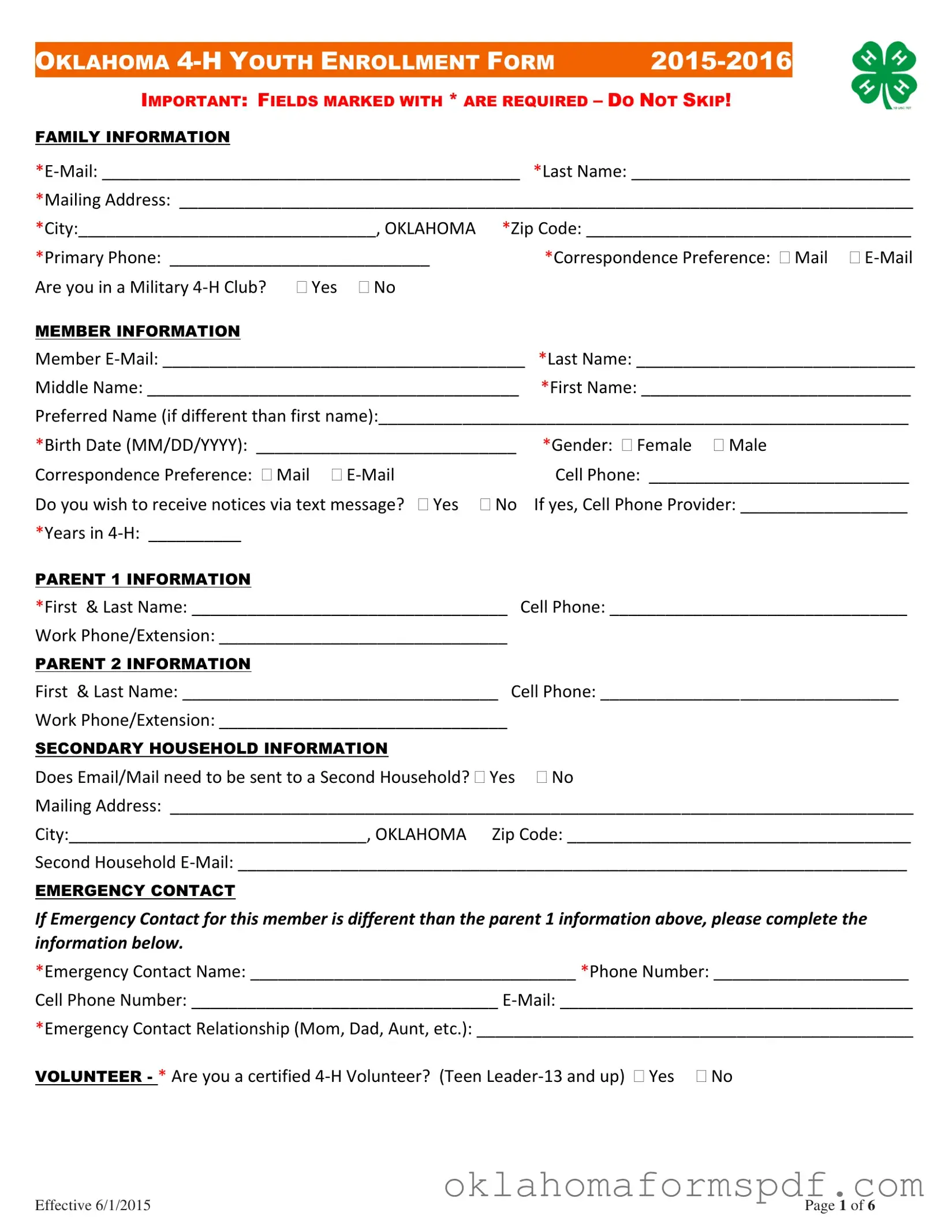 Fill Out a Valid Oklahoma 4 H Youth Enrollment Form