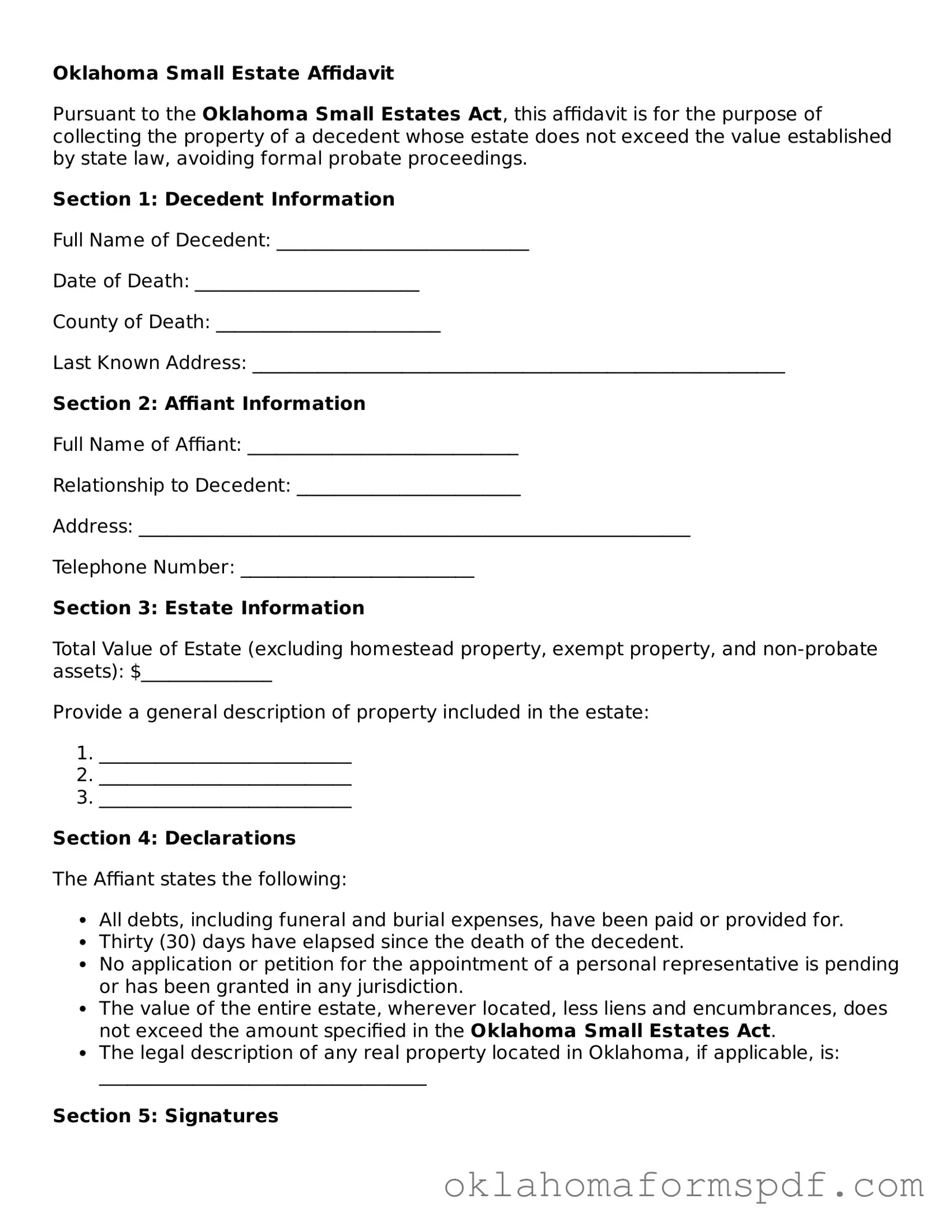 Attorney-Verified Small Estate Affidavit Form for the State of Oklahoma