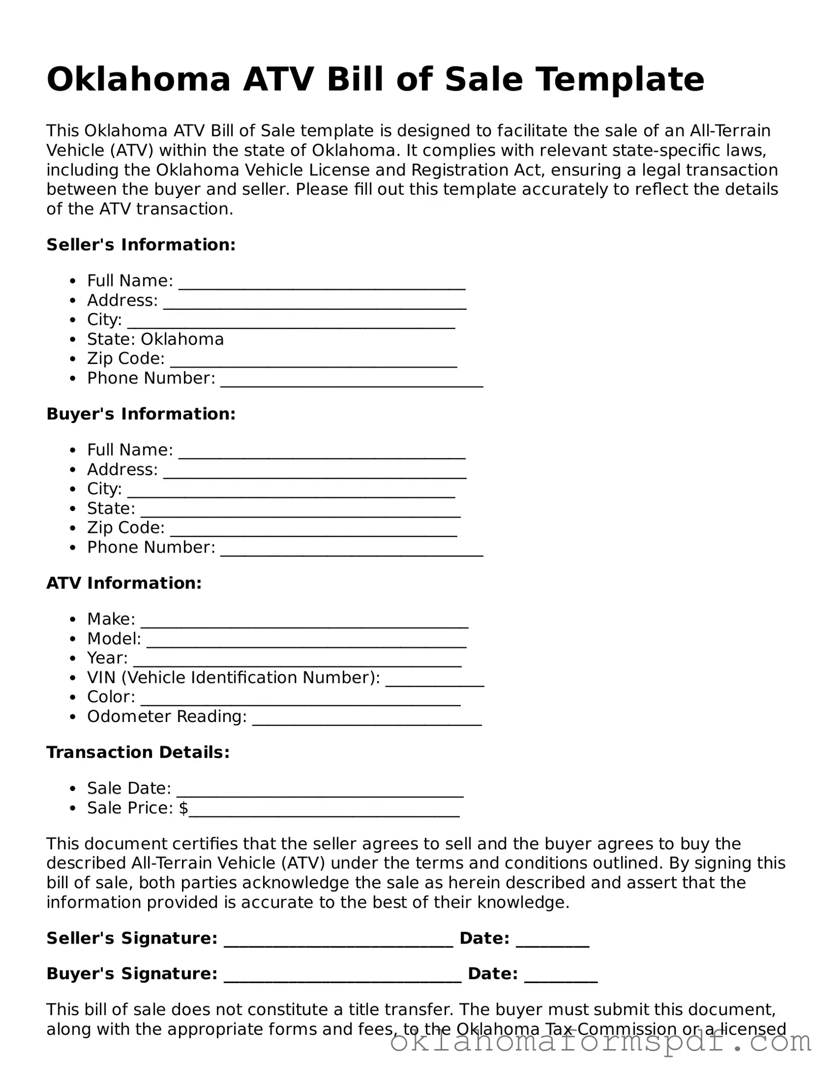 Attorney-Verified ATV Bill of Sale Form for the State of Oklahoma