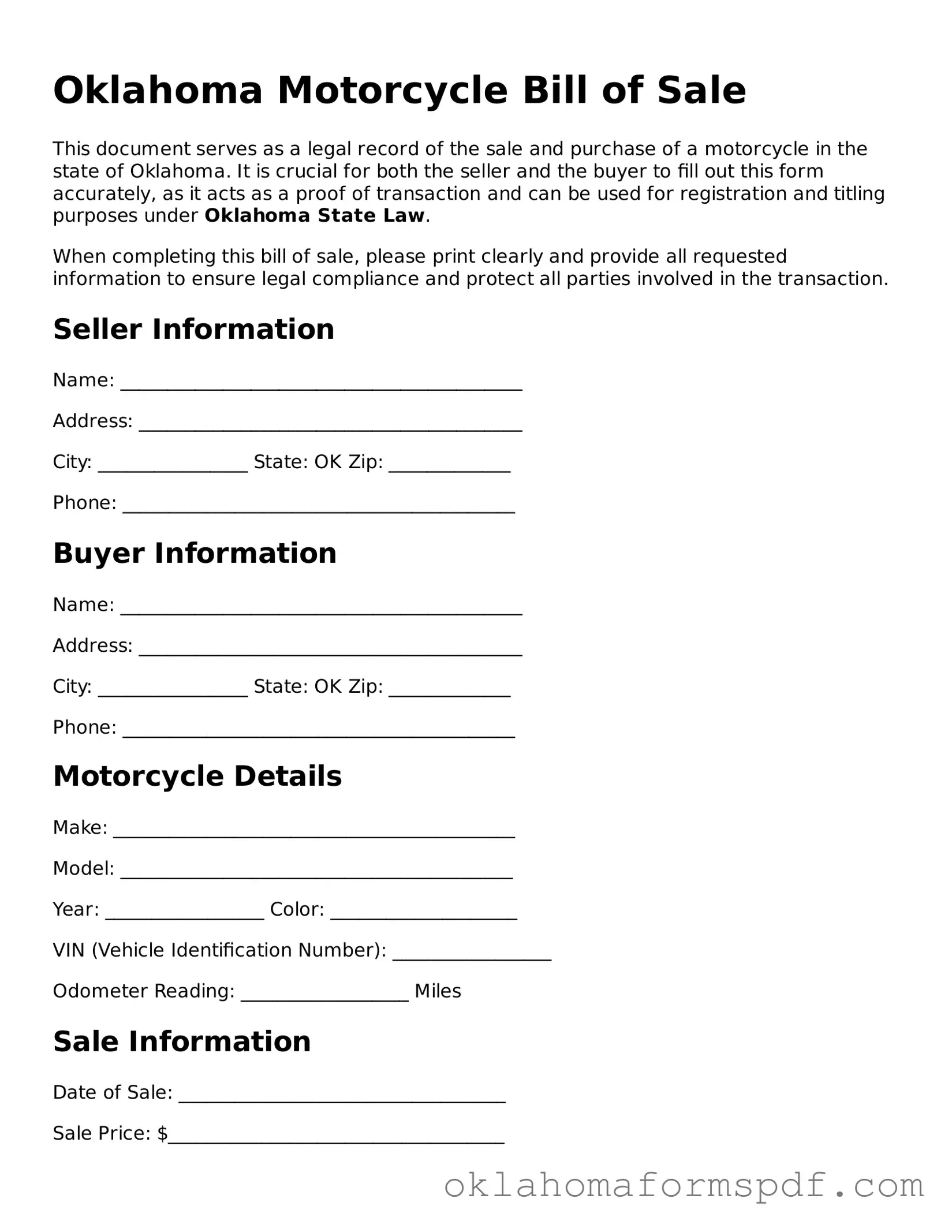 Attorney-Verified Motorcycle Bill of Sale Form for the State of Oklahoma
