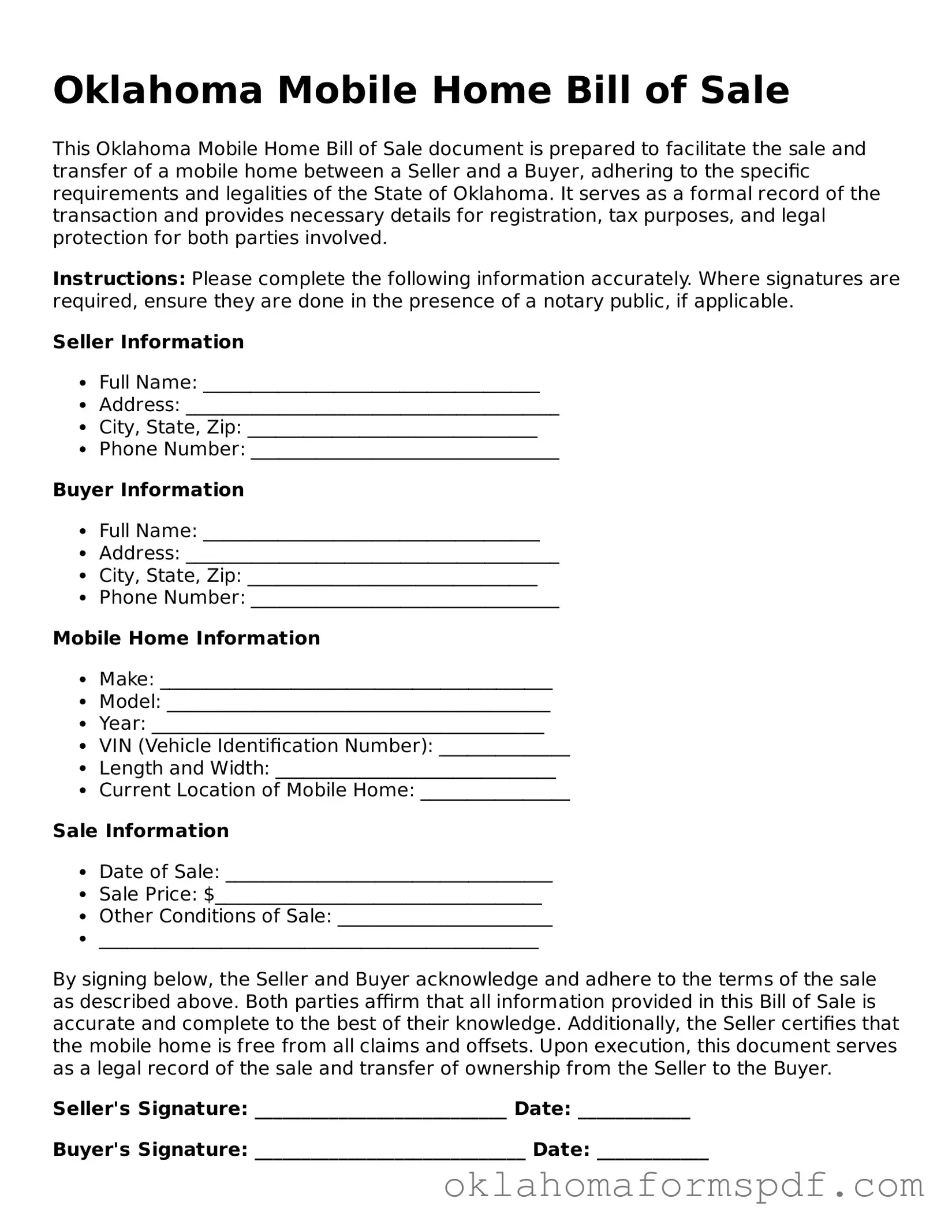 Attorney-Verified Mobile Home Bill of Sale Form for the State of Oklahoma