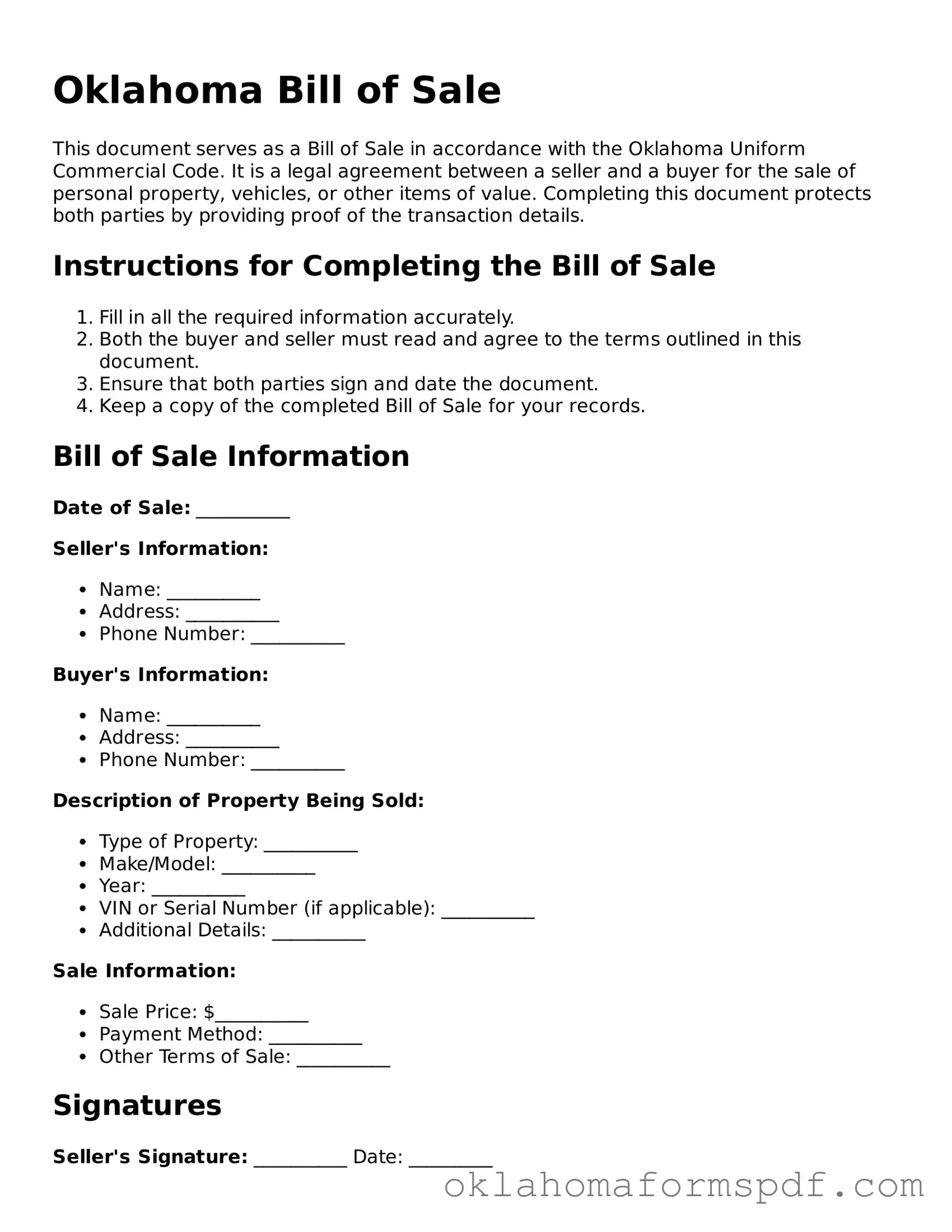 Attorney-Verified Bill of Sale Form for the State of Oklahoma