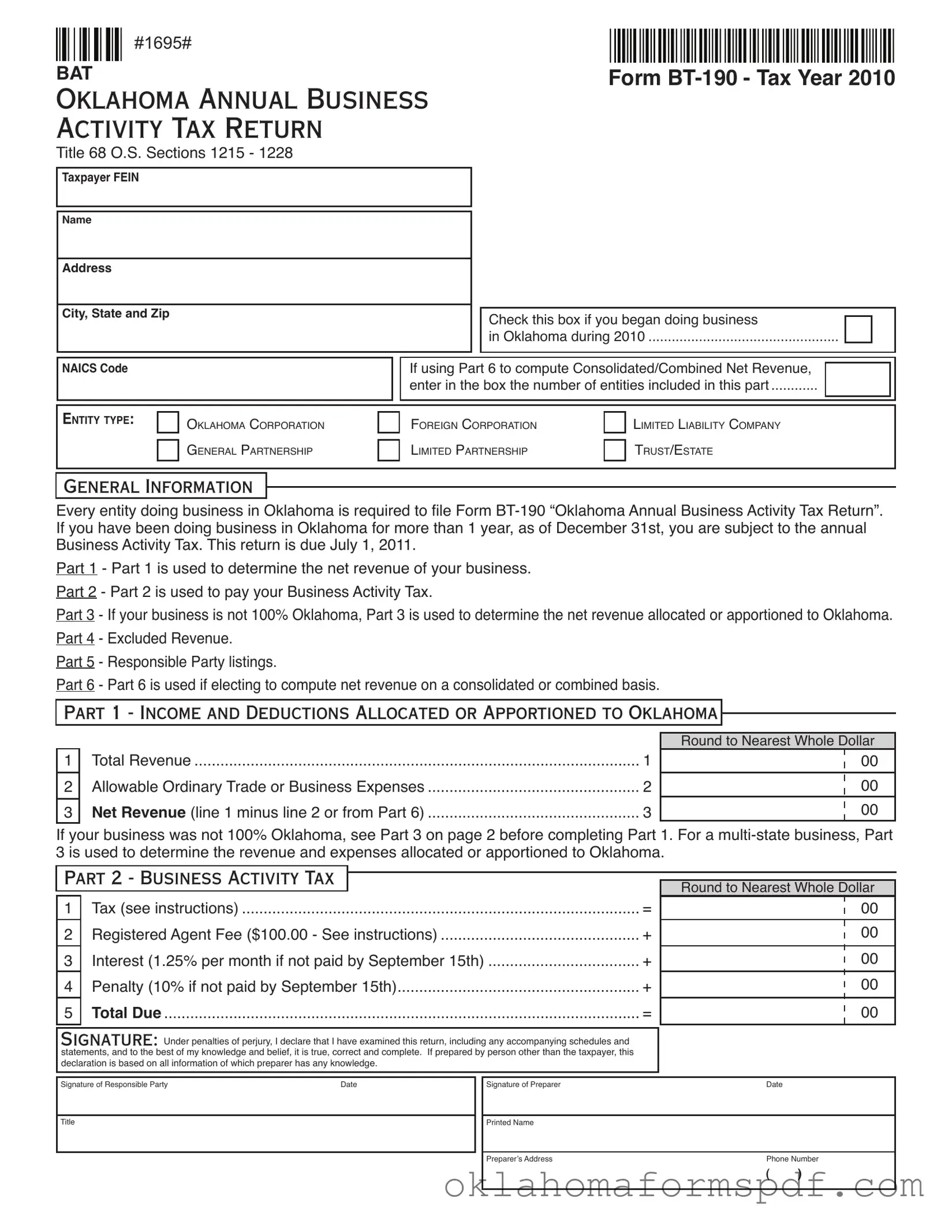 Fill Out a Valid Oklahoma Bt 190 Form