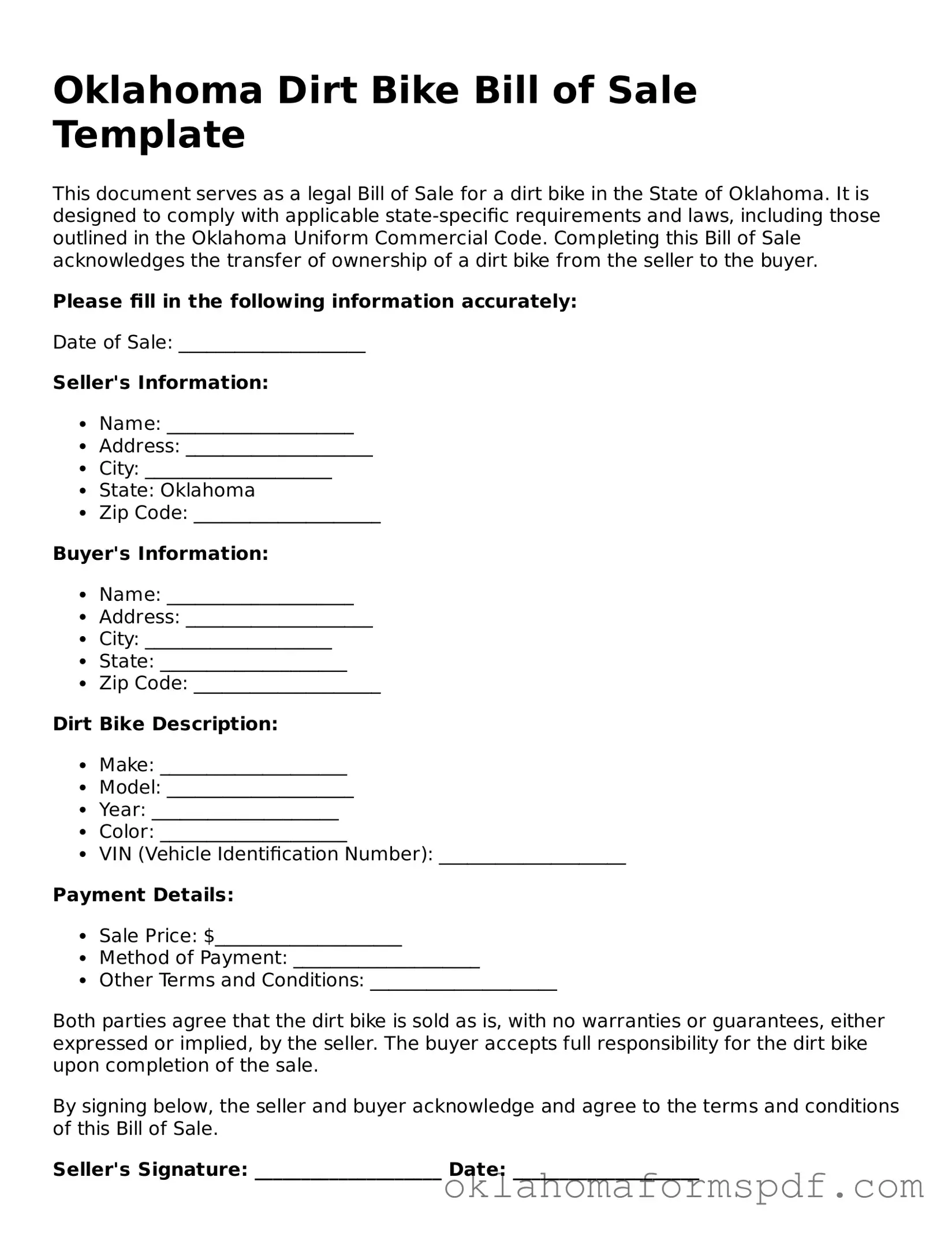 Attorney-Verified Dirt Bike Bill of Sale Form for the State of Oklahoma