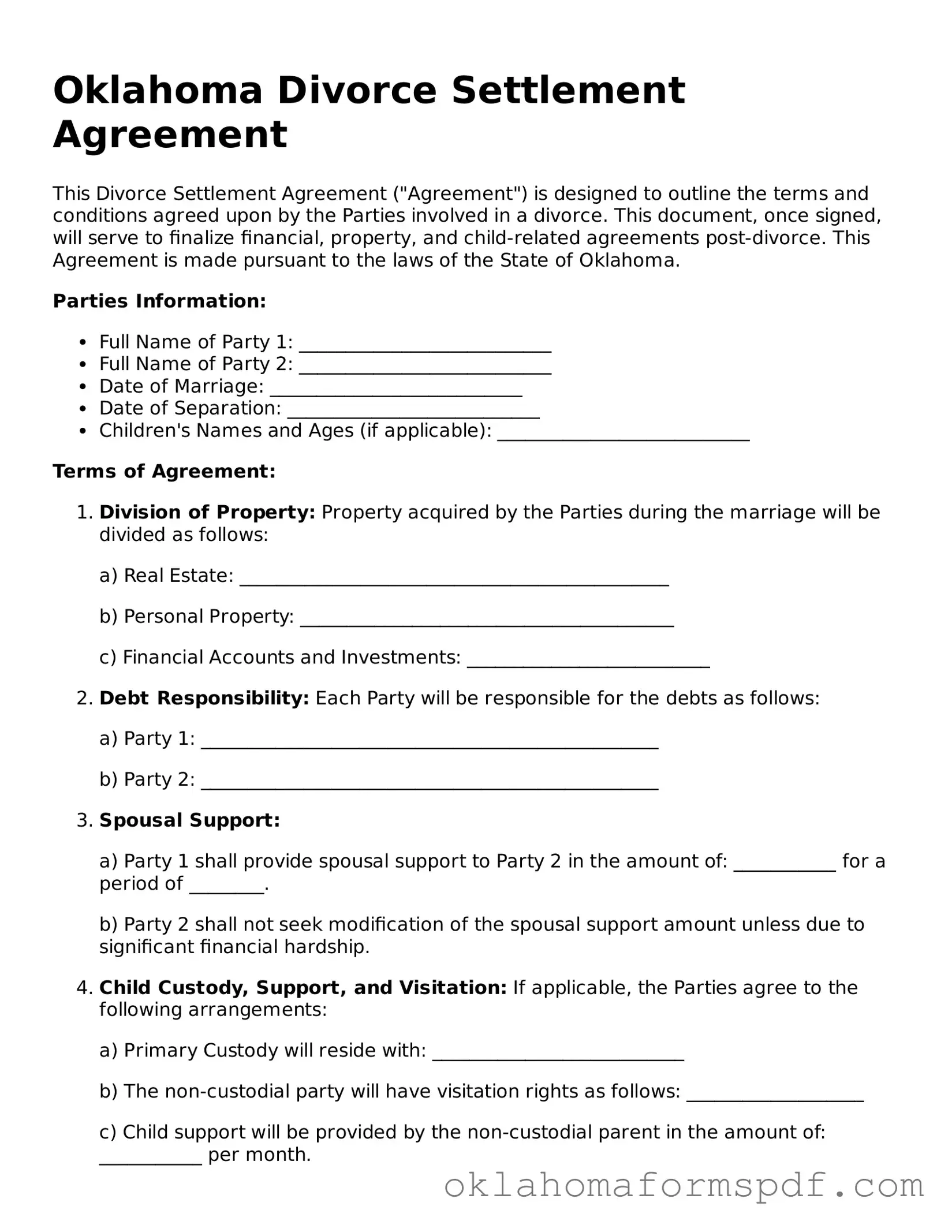 Attorney-Verified Divorce Settlement Agreement Form for the State of Oklahoma