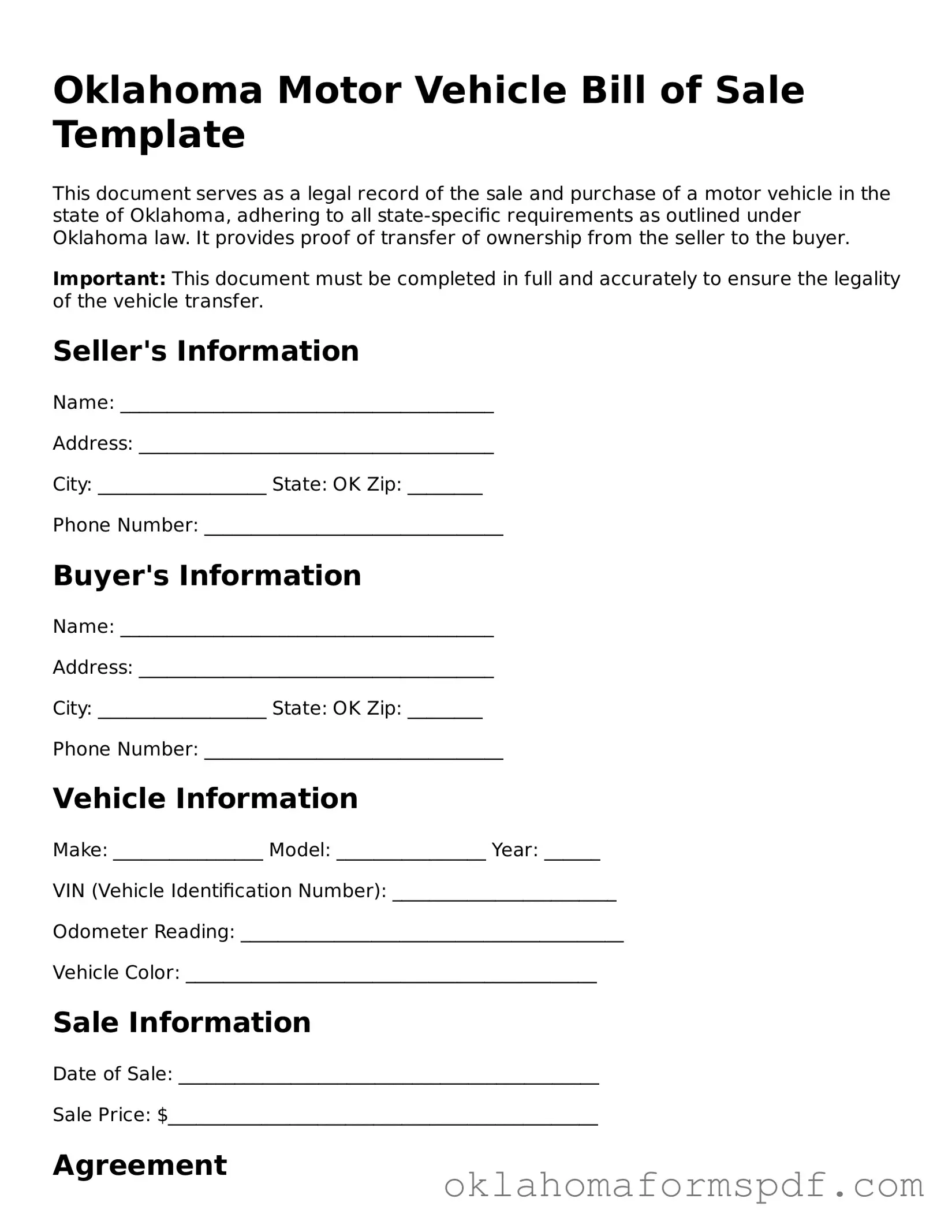 Attorney-Verified Motor Vehicle Bill of Sale Form for the State of Oklahoma