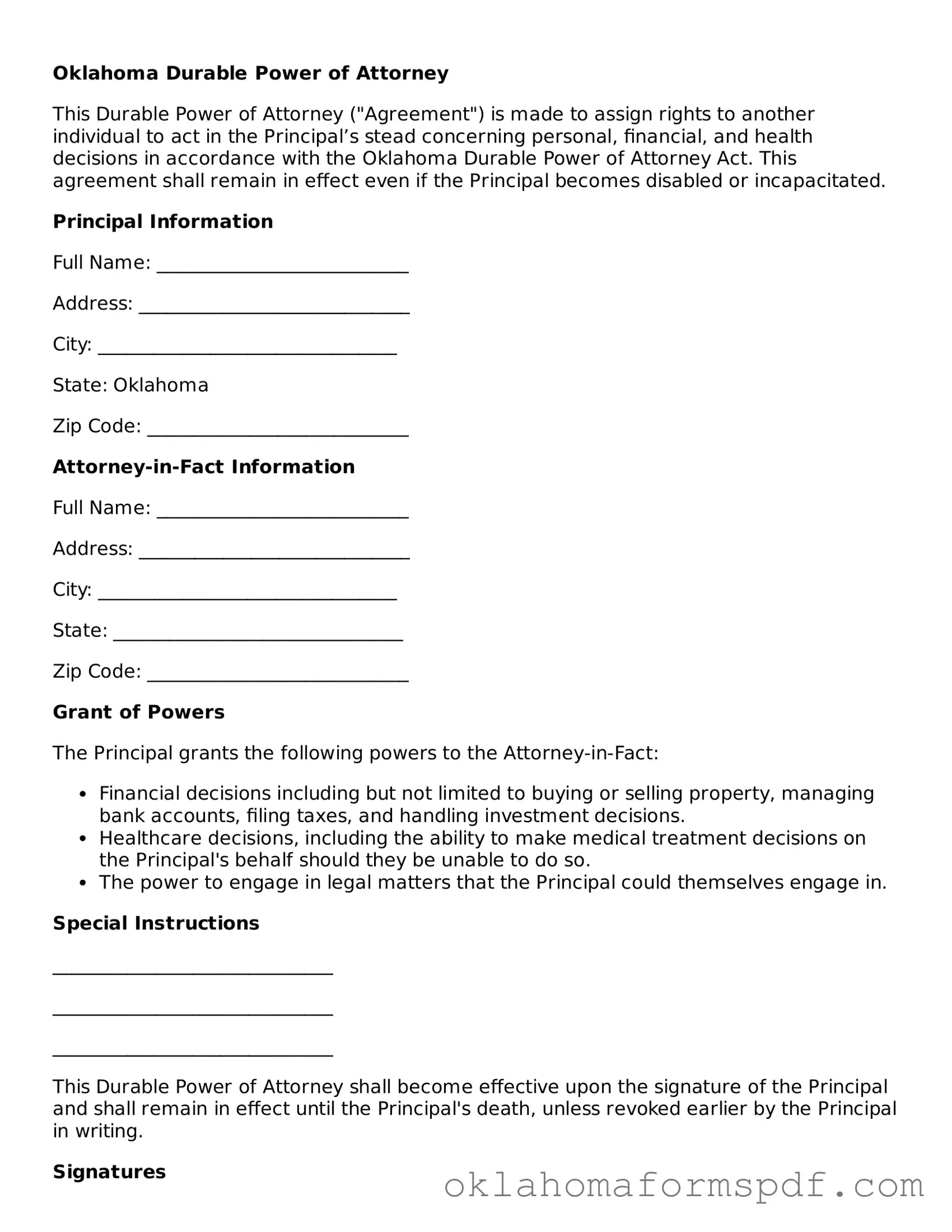 Attorney-Verified Durable Power of Attorney Form for the State of Oklahoma