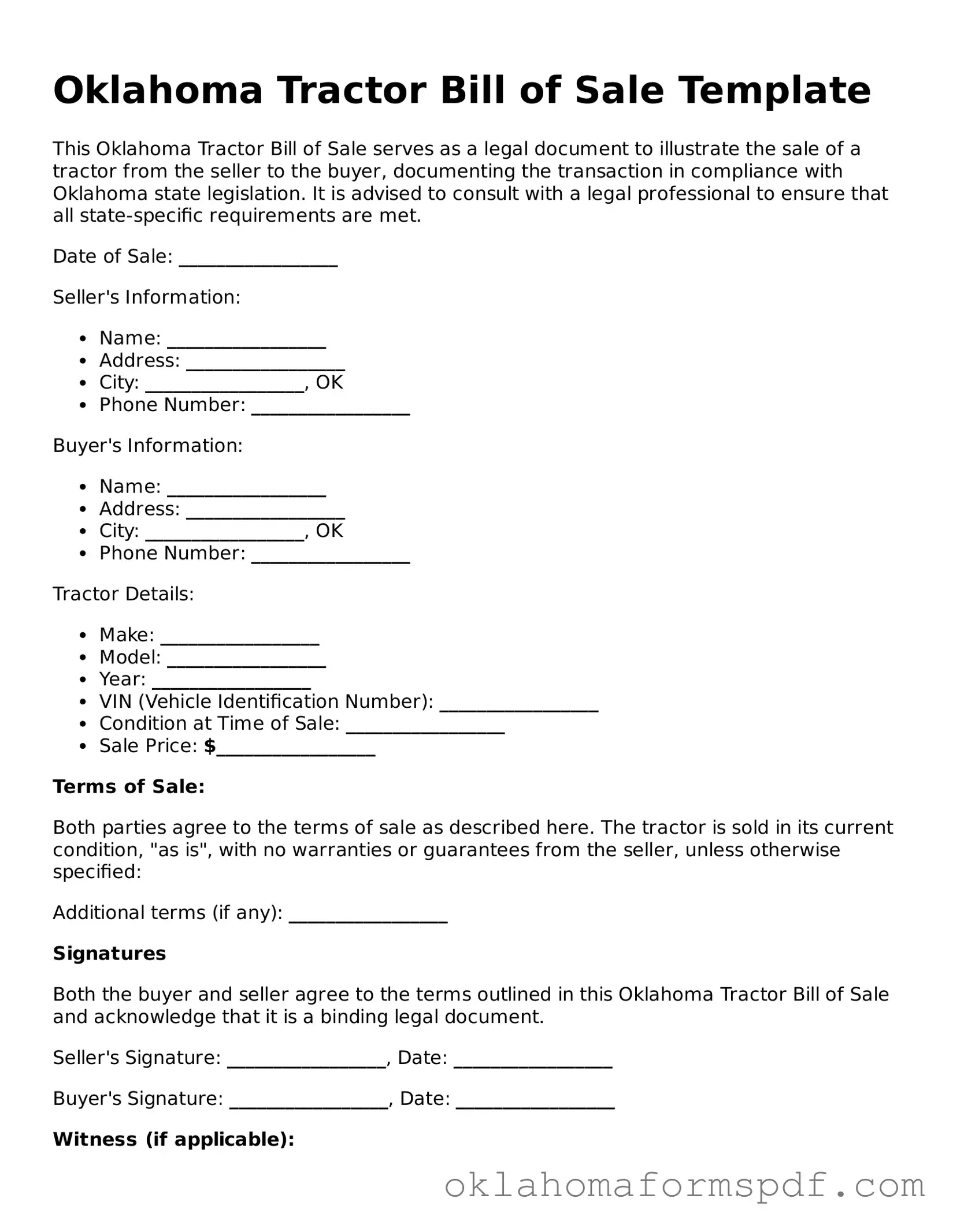 Attorney-Verified Tractor Bill of Sale Form for the State of Oklahoma