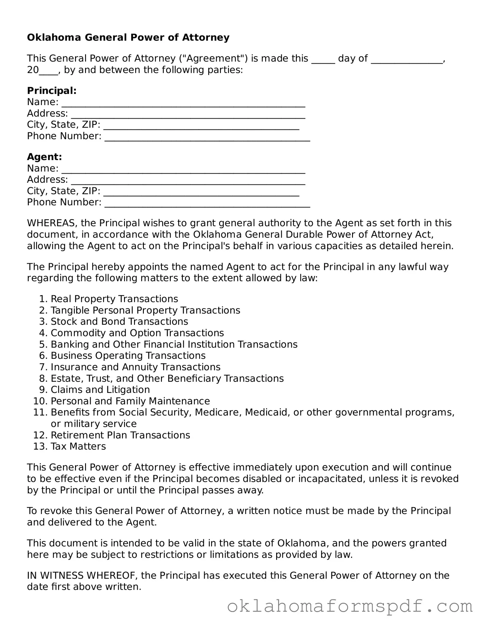Attorney-Verified General Power of Attorney Form for the State of Oklahoma
