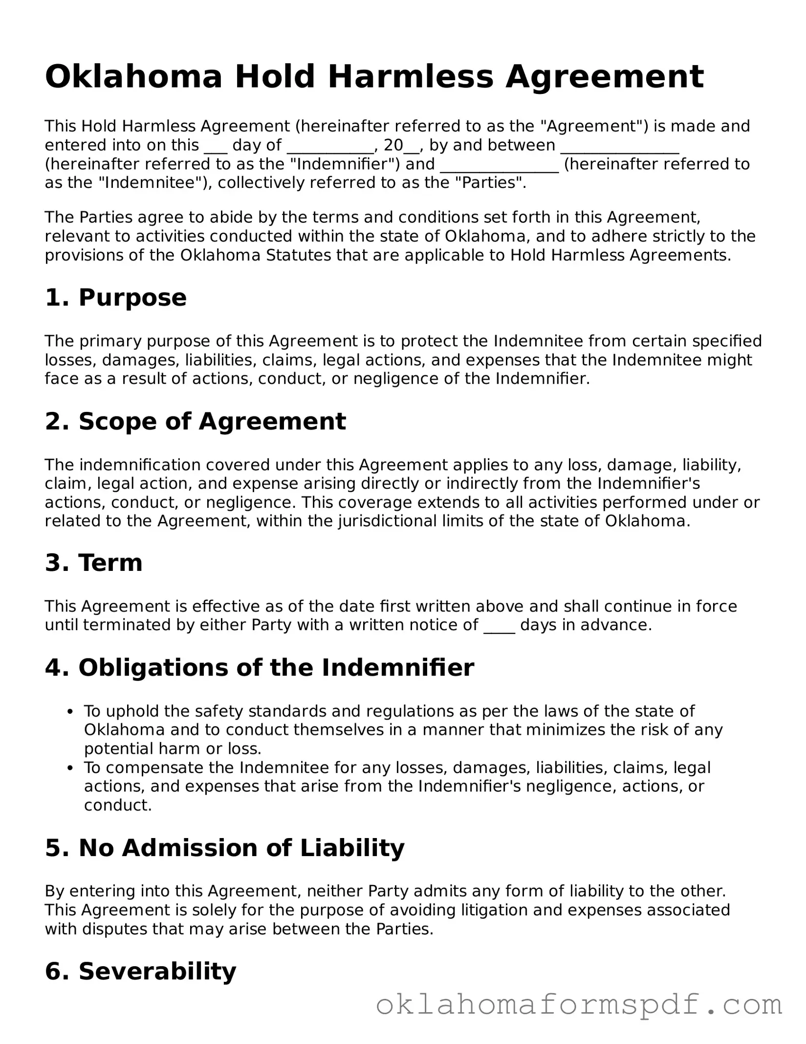 Attorney-Verified Hold Harmless Agreement Form for the State of Oklahoma