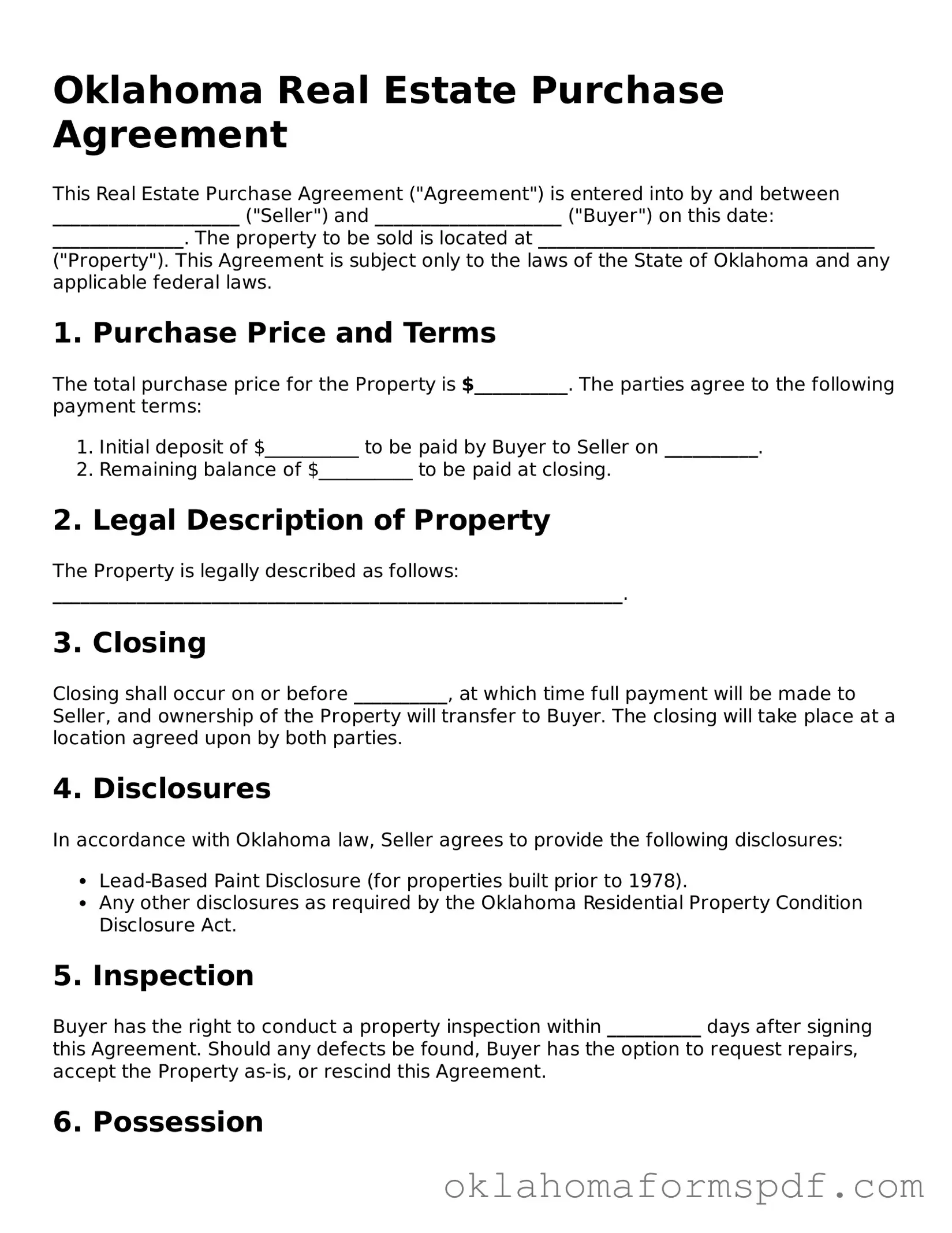 Attorney-Verified Real Estate Purchase Agreement Form for the State of Oklahoma