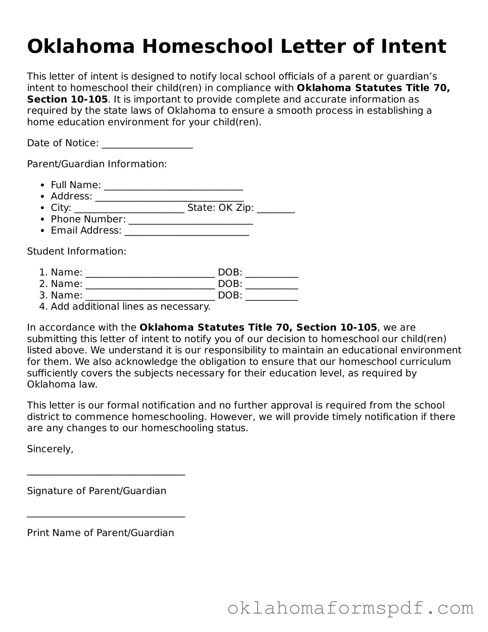 Attorney-Verified Homeschool Letter of Intent Form for the State of Oklahoma
