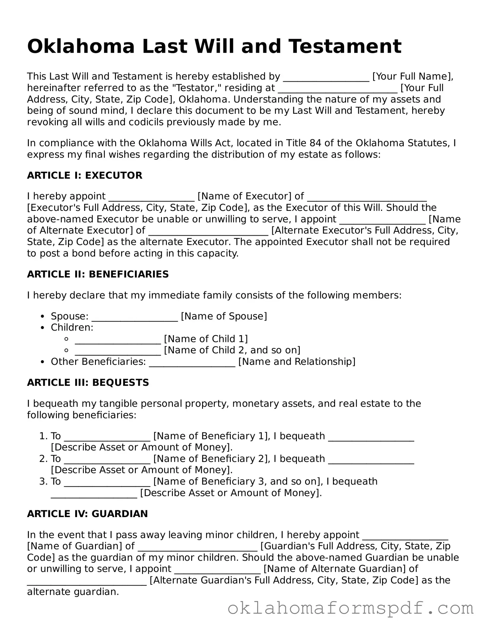 Attorney-Verified Last Will and Testament Form for the State of Oklahoma