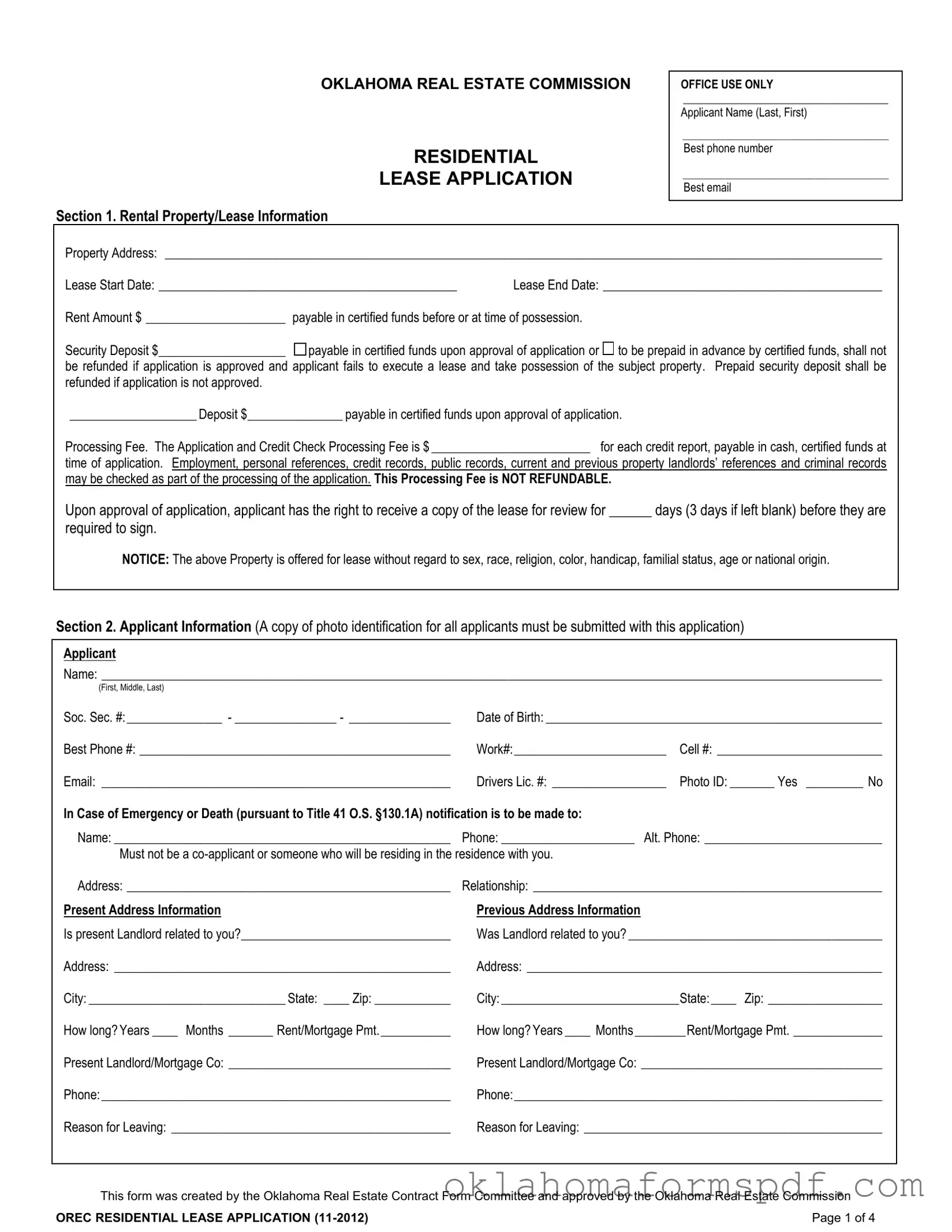 Fill Out a Valid Oklahoma Lease Application Form
