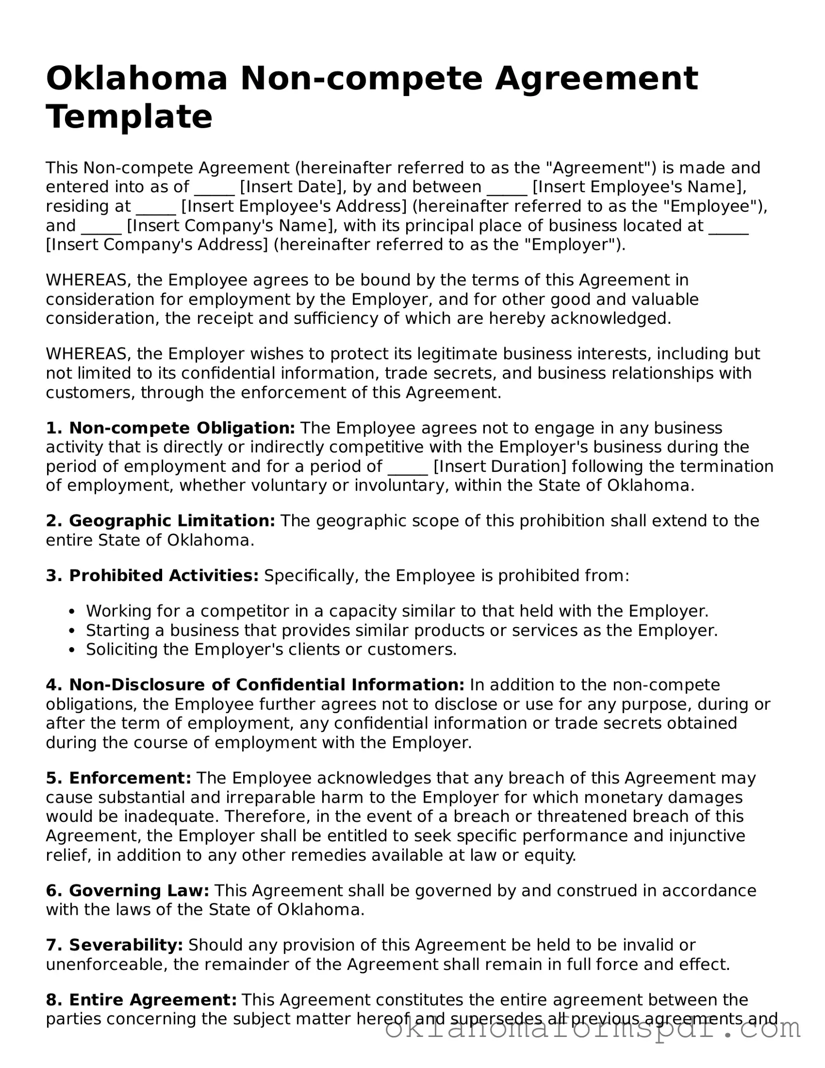 Attorney-Verified Non-compete Agreement Form for the State of Oklahoma