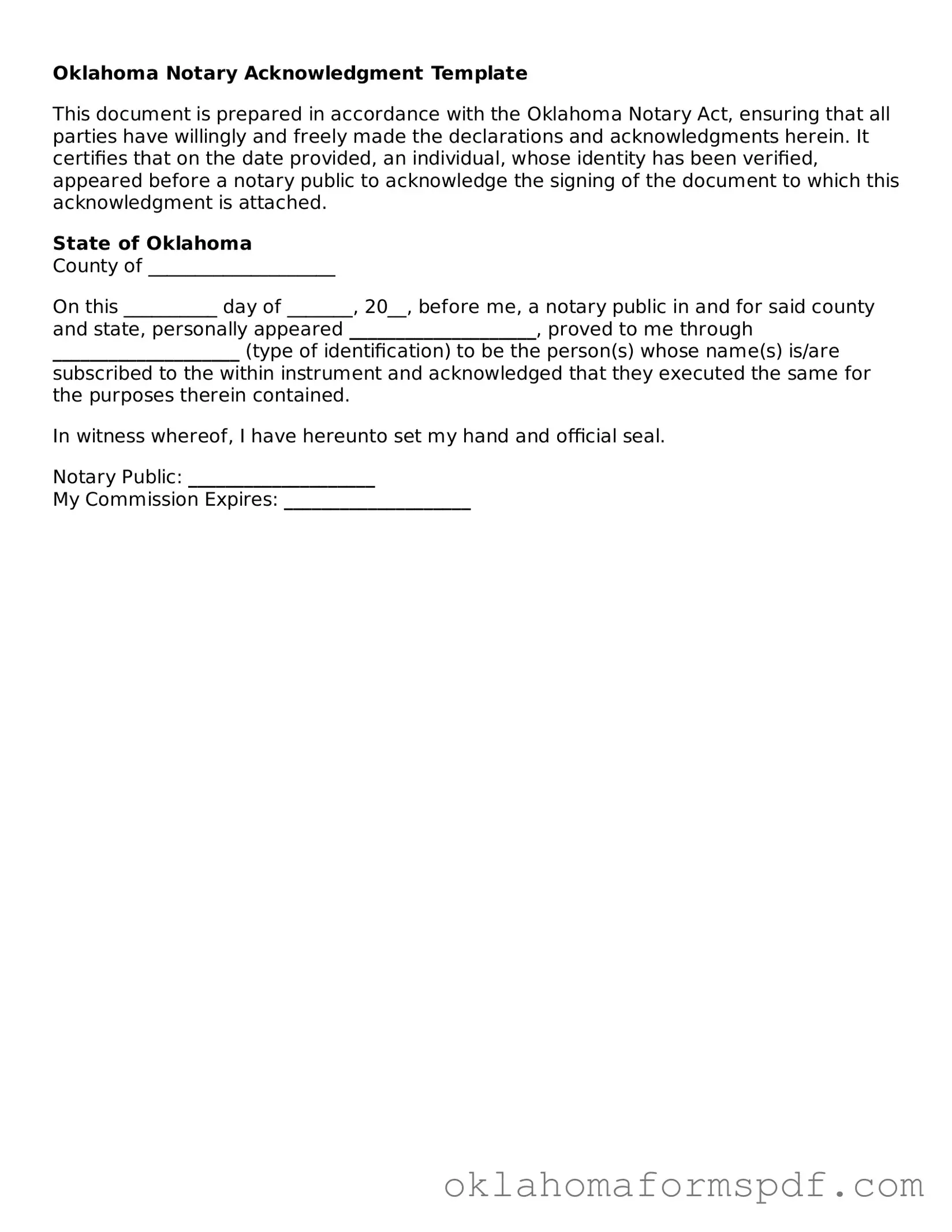 Attorney-Verified Notary Acknowledgement Form for the State of Oklahoma