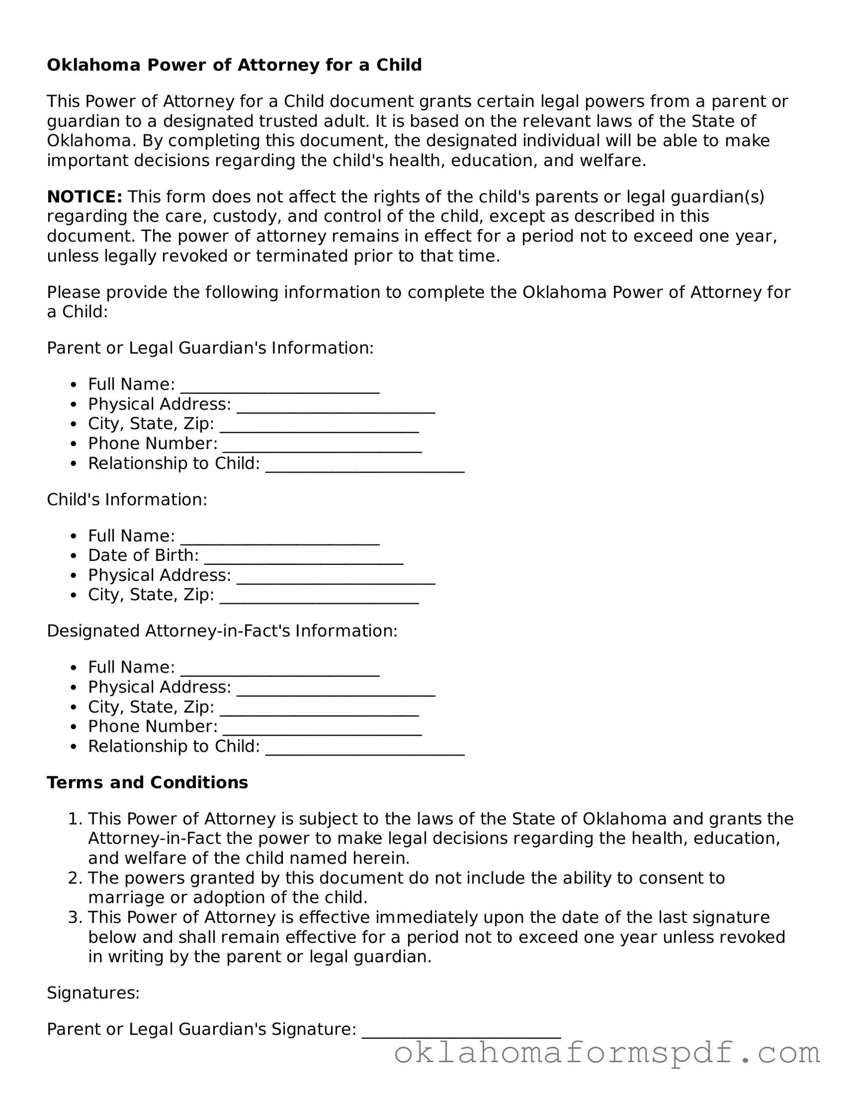Attorney-Verified Power of Attorney for a Child Form for the State of Oklahoma