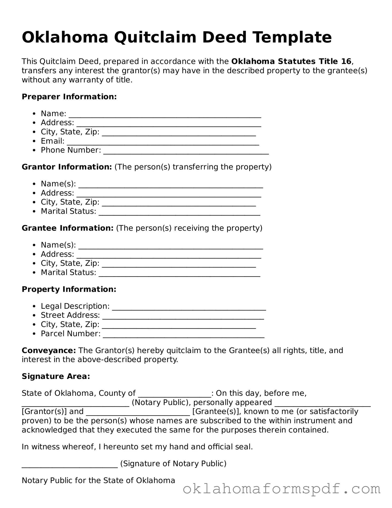 Attorney-Verified Quitclaim Deed Form for the State of Oklahoma