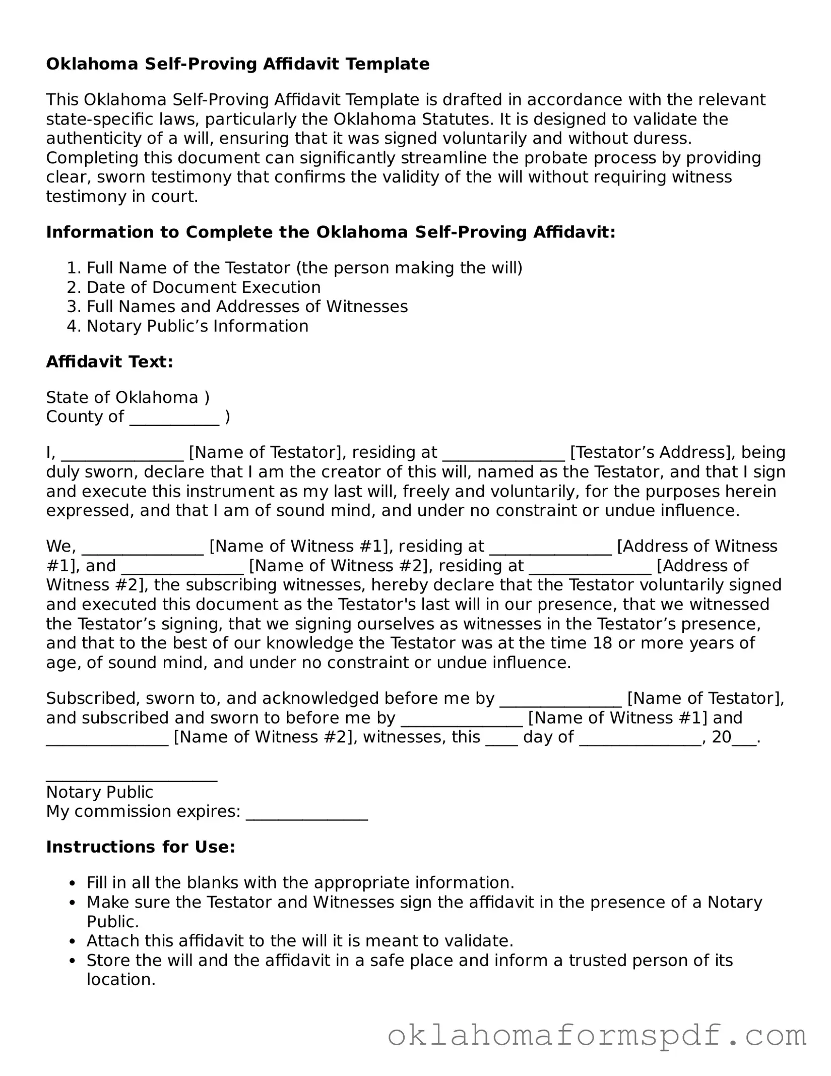 Attorney-Verified Self-Proving Affidavit Form for the State of Oklahoma