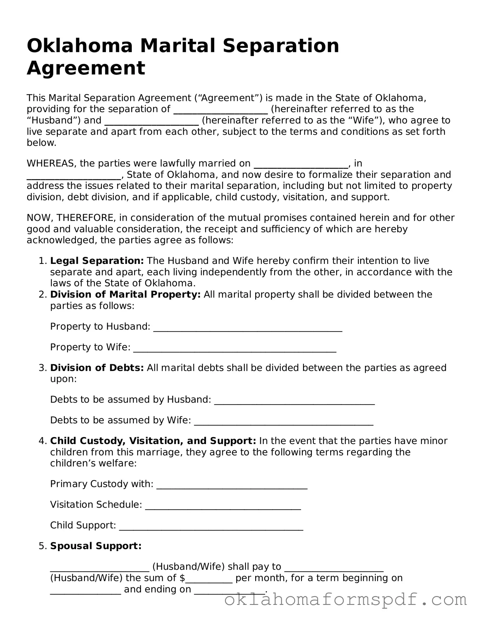 Attorney-Verified Marital Separation Agreement Form for the State of Oklahoma