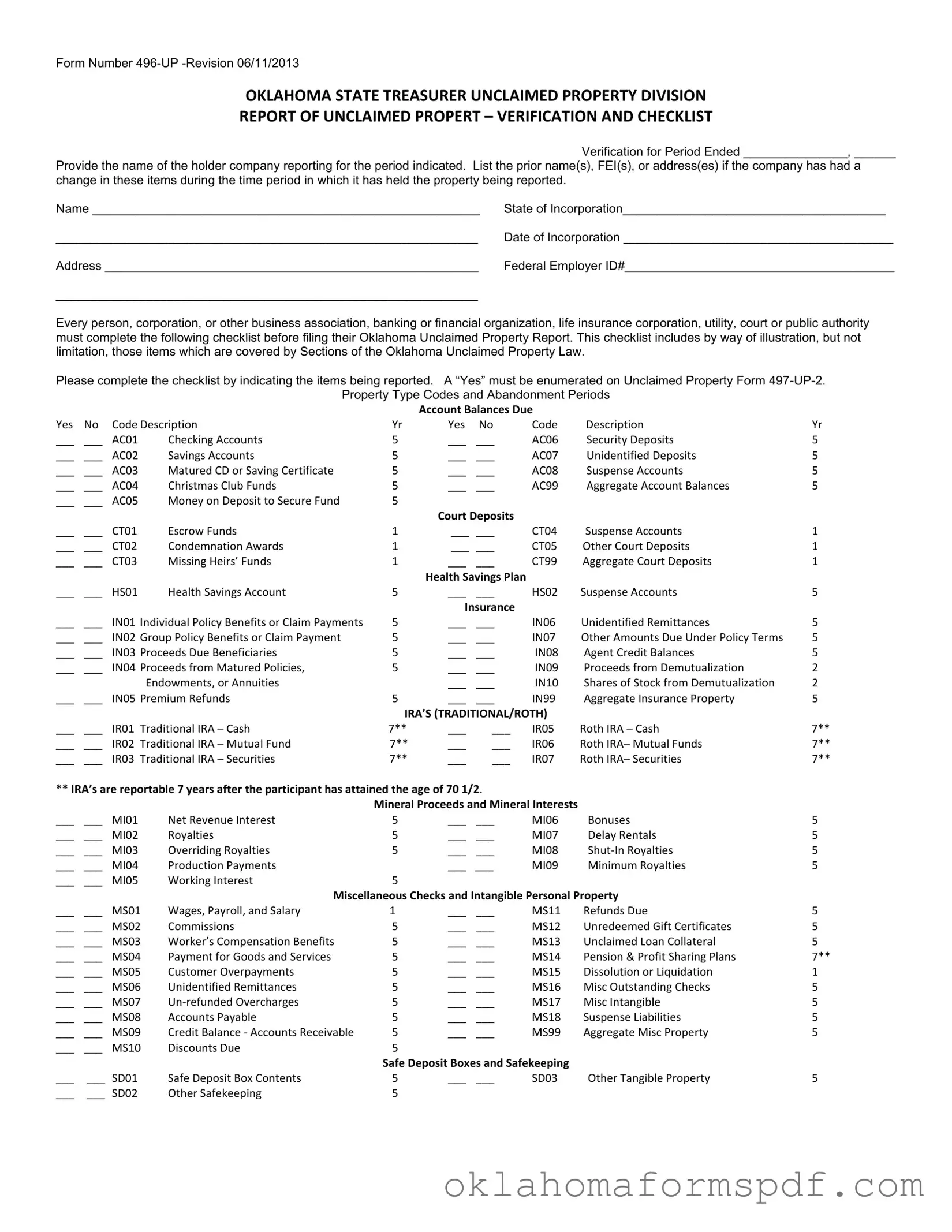 Fill Out a Valid Oklahoma Unclaimed Property 496 Up Form