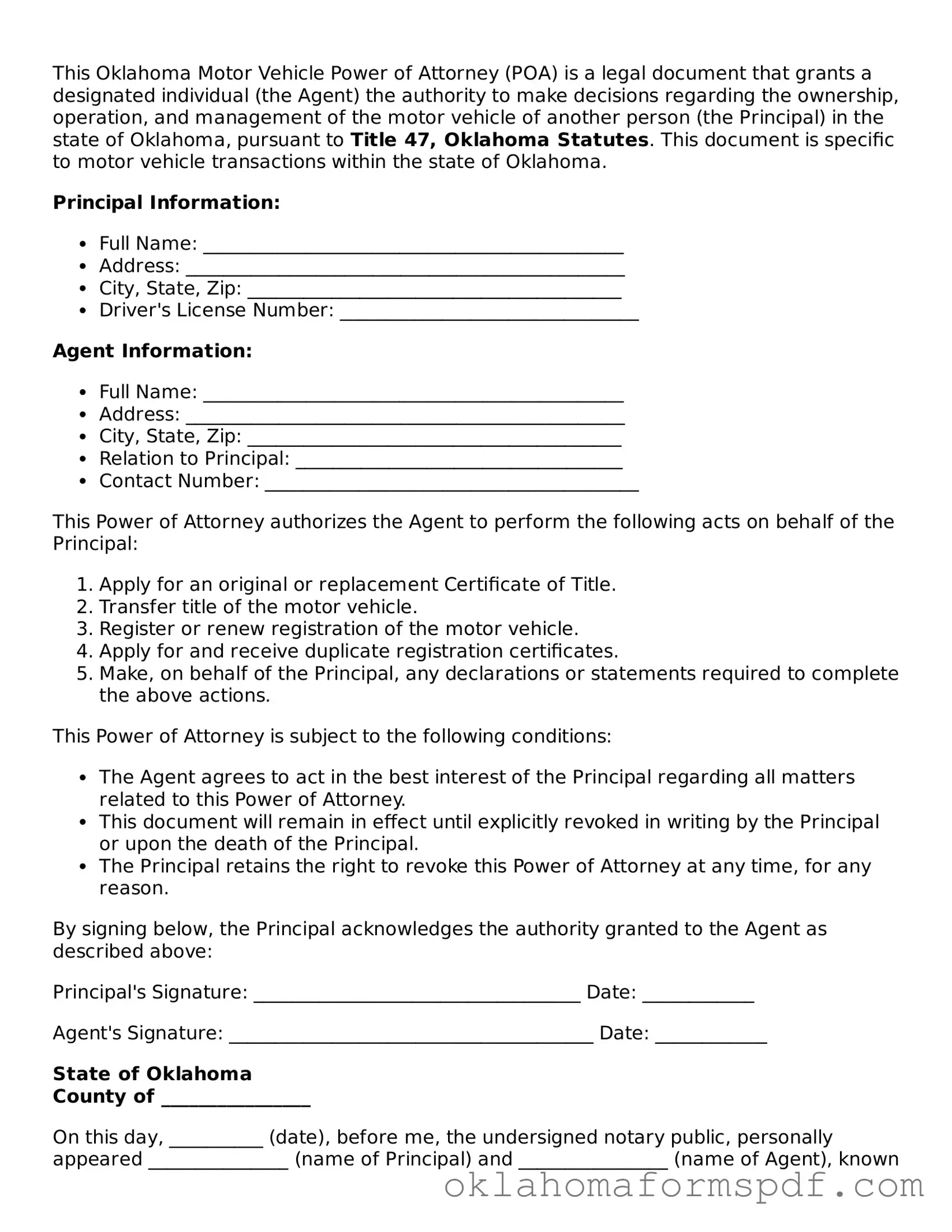 Attorney-Verified Motor Vehicle Power of Attorney Form for the State of Oklahoma