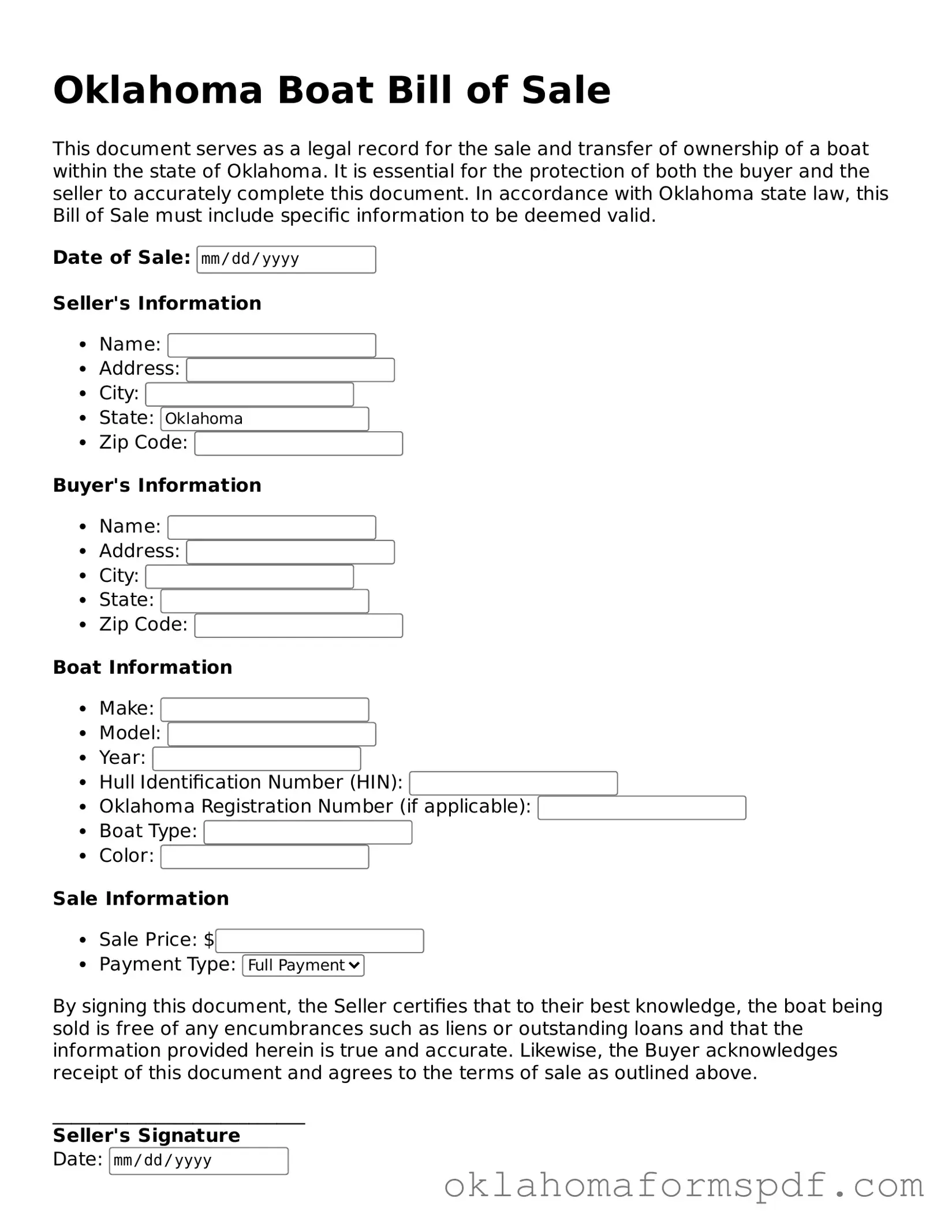 Attorney-Verified Boat Bill of Sale Form for the State of Oklahoma