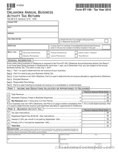 Fill Out a Valid Oklahoma Bt 190 Form