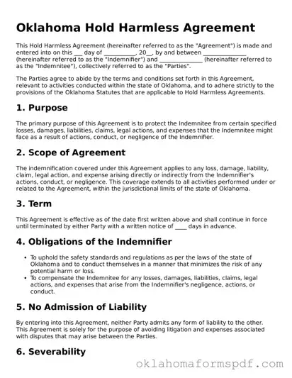 Attorney-Verified Hold Harmless Agreement Form for the State of Oklahoma