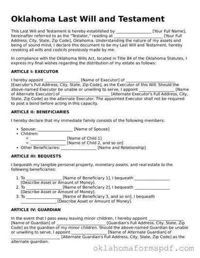Attorney-Verified Last Will and Testament Form for the State of Oklahoma